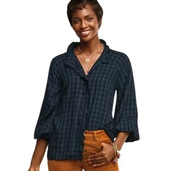 Cabi Blue Black Aberdeen Check Ruffle Button Front Long Sleeve Blouse Small 3961 - Picture 1 of 12